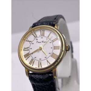 Pierre Nicol Womens Black Leather Vintage Gold Watch Works New Batterh